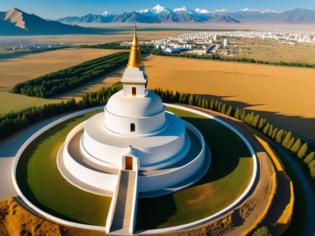 Espléndida vista aérea de la Estupa Blanca de Genghis Khan Vista aérea de la imponente Estupa Blanca Genghis Khan, bañada por la luz dorada del sol, destacando sus detalles arquitectónicos