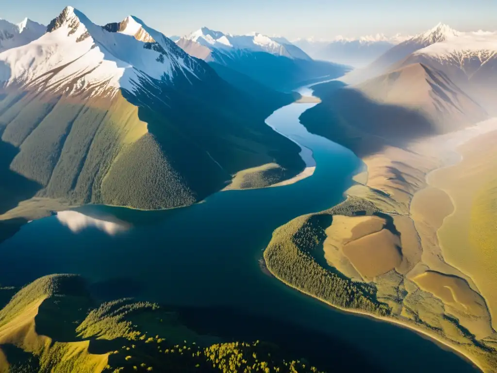 Vista aérea de las imponentes Montañas Altai con lagos glaciales y un paisaje prístino, reflejando la historia y la cultura de la región