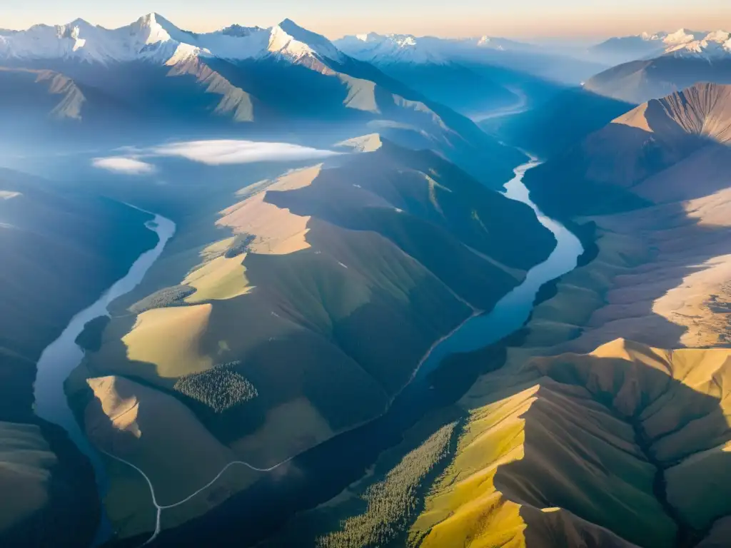 Vista aérea de las imponentes Montañas Altai, bañadas por la luz dorada del atardecer, creando una atmósfera mística y grandiosa