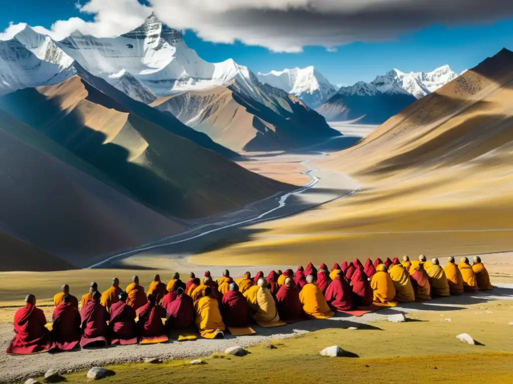 Vista aérea impresionante del altiplano tibetano con monjes rezando y guerreros mongoles a caballo