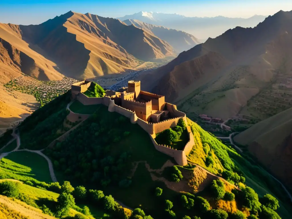 Vista aérea impresionante de la antigua fortaleza de Alamut en el paisaje dramático de Persia