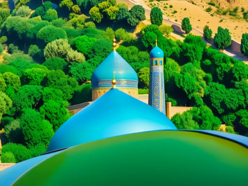 Vista aérea impresionante de la antigua ciudad de Samarkand, rodeada de exuberante vegetación