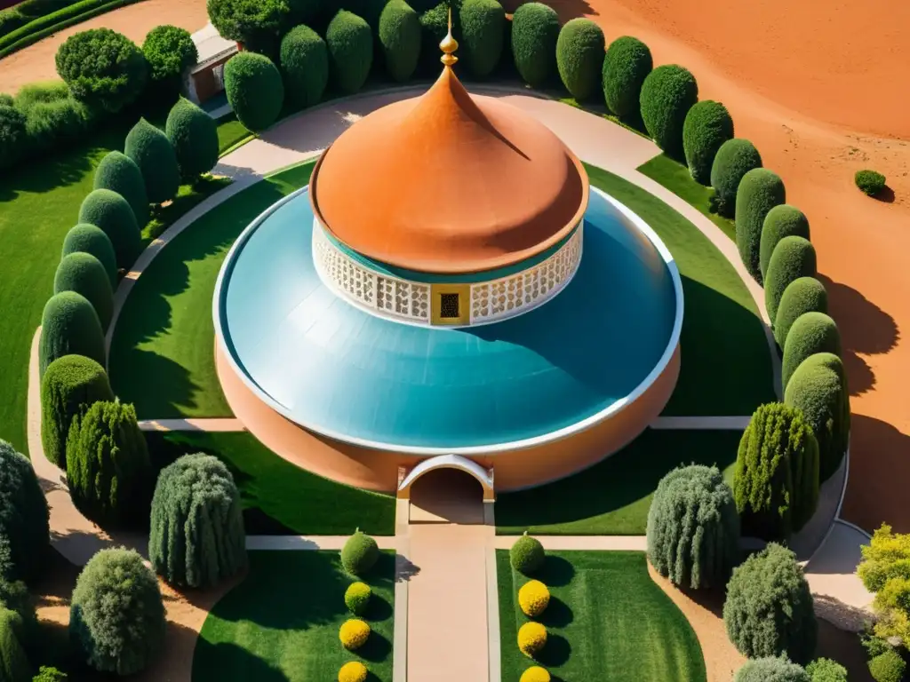 Vista aérea impresionante de la fusión de la arquitectura persa y mongola en un majestuoso palacio rodeado de exuberantes jardines