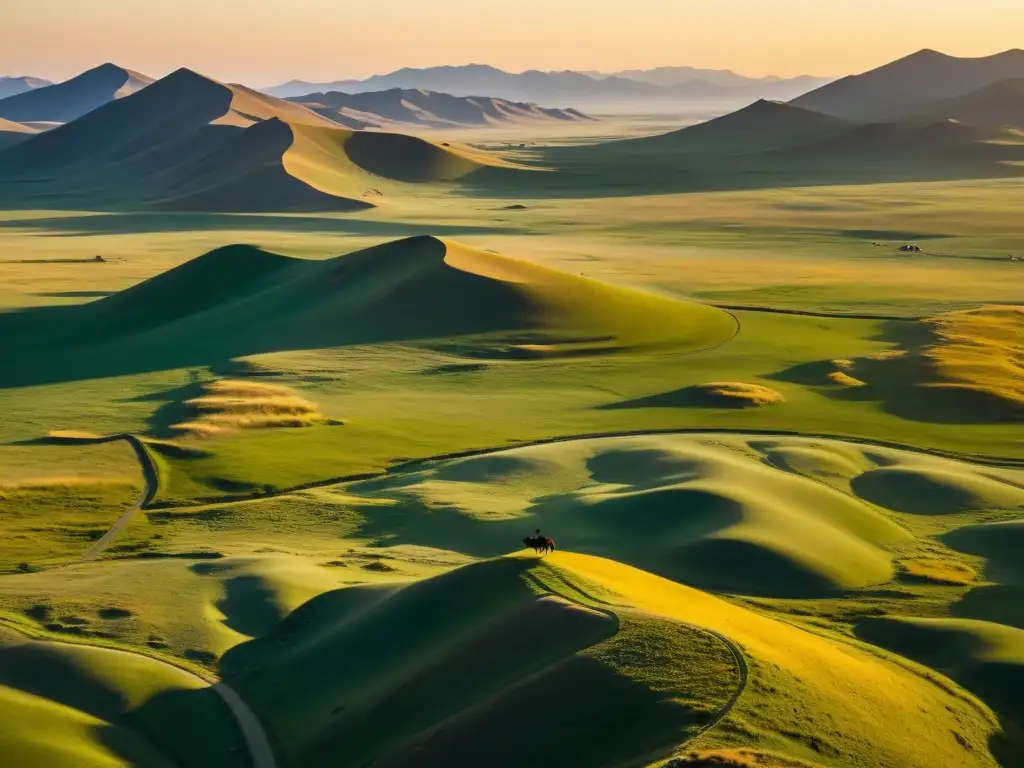 Vista aérea impresionante de la estepa mongola al atardecer, con un jinete solitario