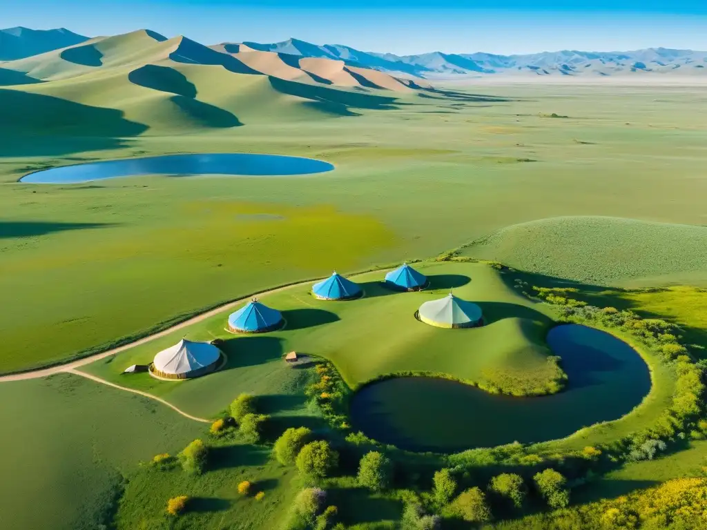 Vista aérea impresionante de la estepa mongola con yurtas, caballos y cultura legado del Imperio Mongol