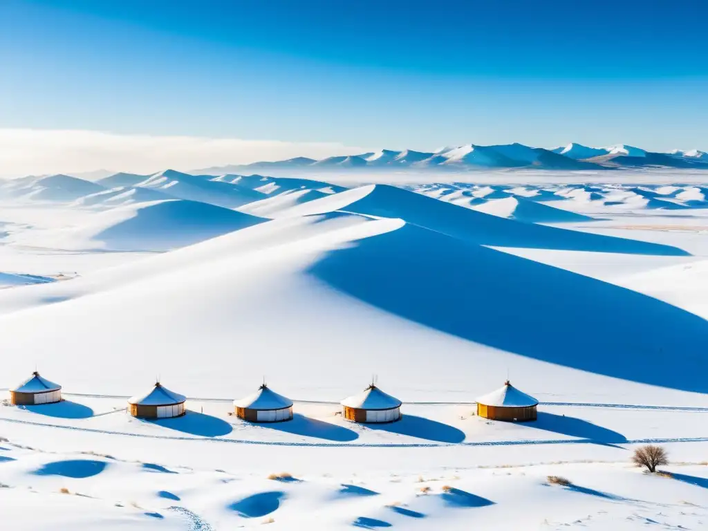 Una vista aérea impresionante de la extensa estepa mongol durante el festival Tsagaan Sar, con yurtas tradicionales y paisaje invernal