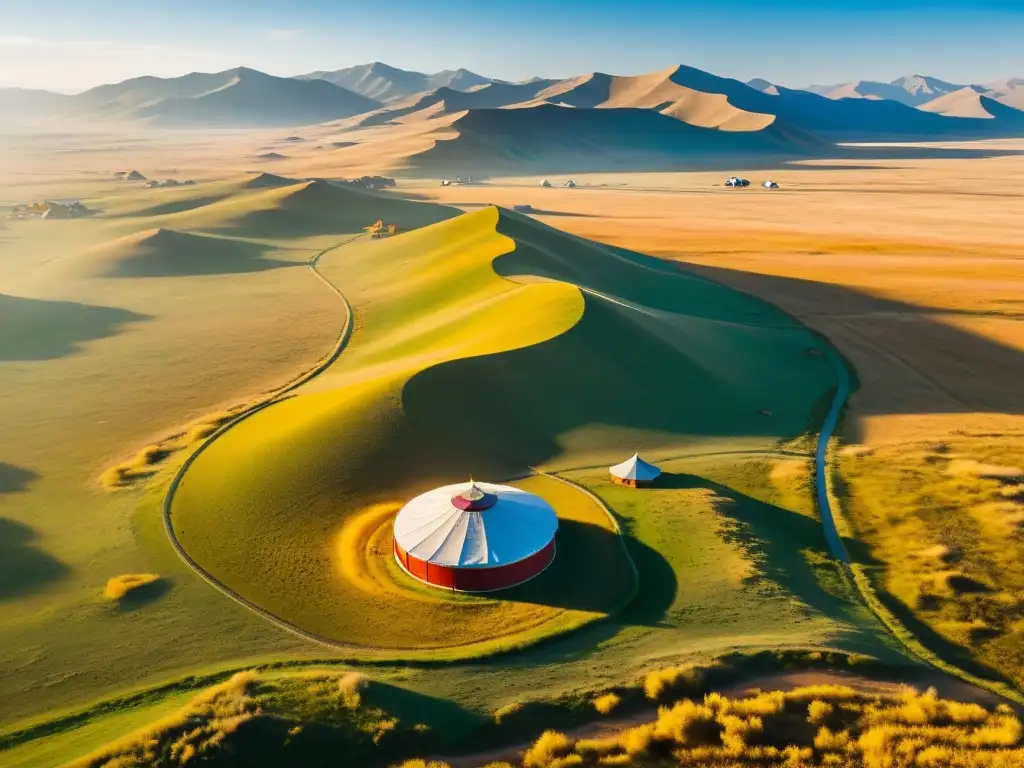 Vista aérea impresionante de la extensa estepa mongol, con campamento ger y pastoreo de origen lenguas estepa mongol