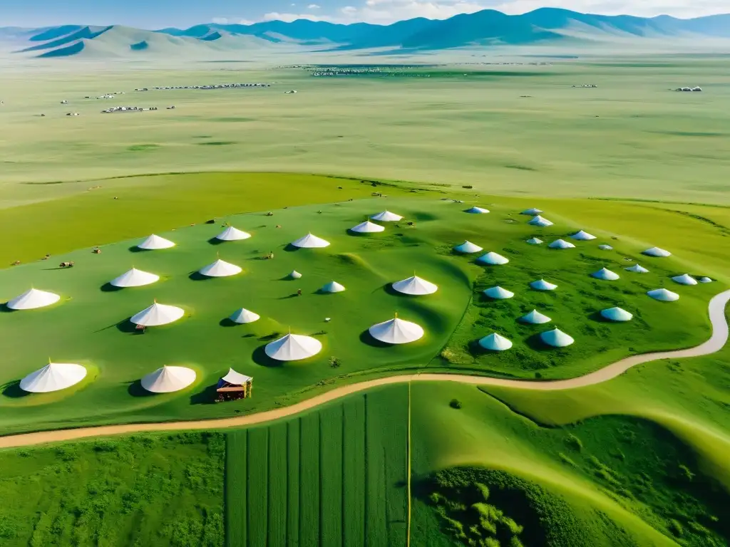 Vista aérea impresionante de la extensa estepa mongola, con tradicionales gers y pastores nómadas, reflejando el legado cultural de los mongoles