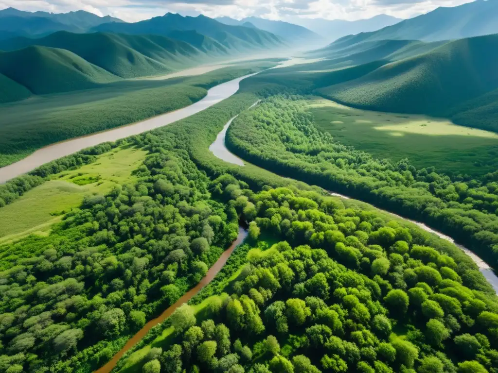 Vista aérea impresionante del extenso bosque mongol con ríos y montañas