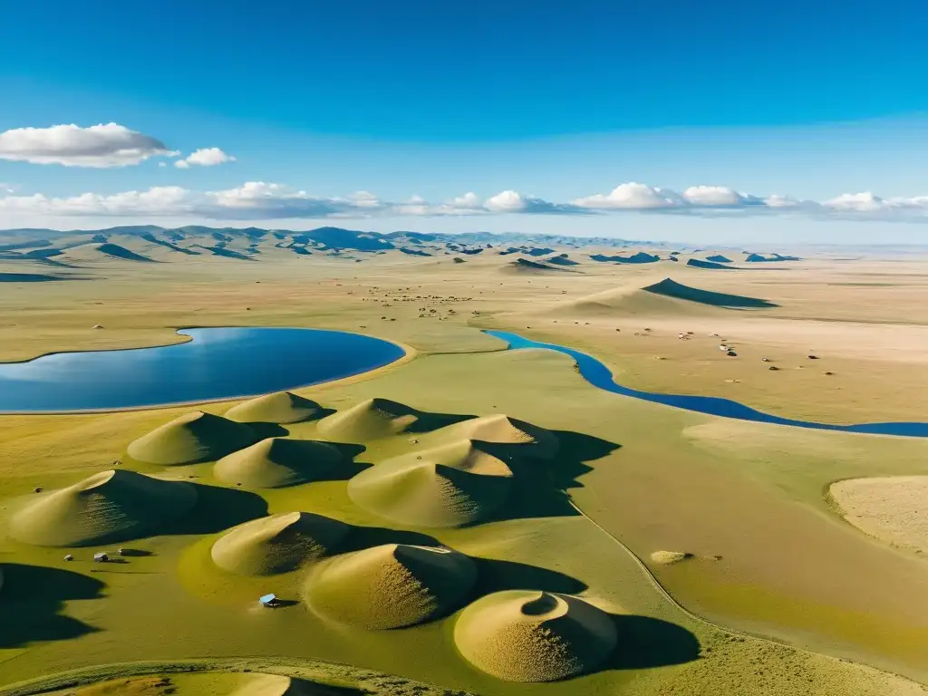 Vista aérea impresionante de la inmensa estepa mongola, con campamentos nómadas Imperio Mongol salpicando las doradas praderas hasta el horizonte