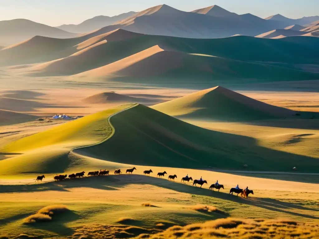 Vista aérea impresionante de la estepa mongol con jinetes a caballo y yurtas, evocando la esencia de retiros inspirados tácticas Gengis Khan