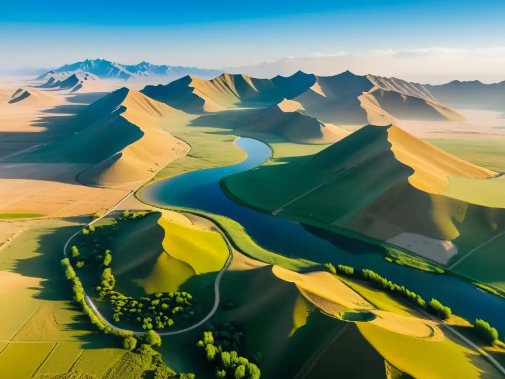 Vista aérea impresionante del legado del Imperio Mongol en la Ruta de la Seda, con las vastas estepas de Mongolia y los picos de Altai en el horizonte