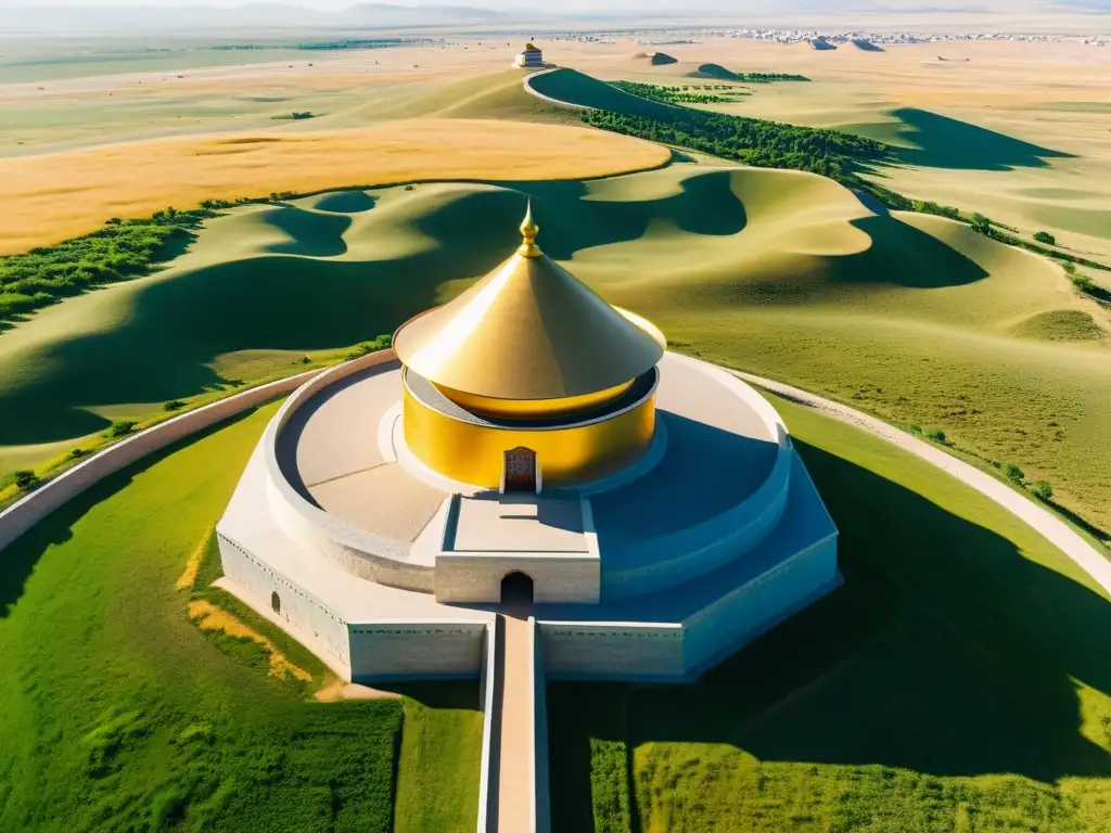 Vista aérea impresionante del Mausoleo de Genghis Khan en Mongolia Interior, con su cúpula dorada destacándose en las extensas praderas