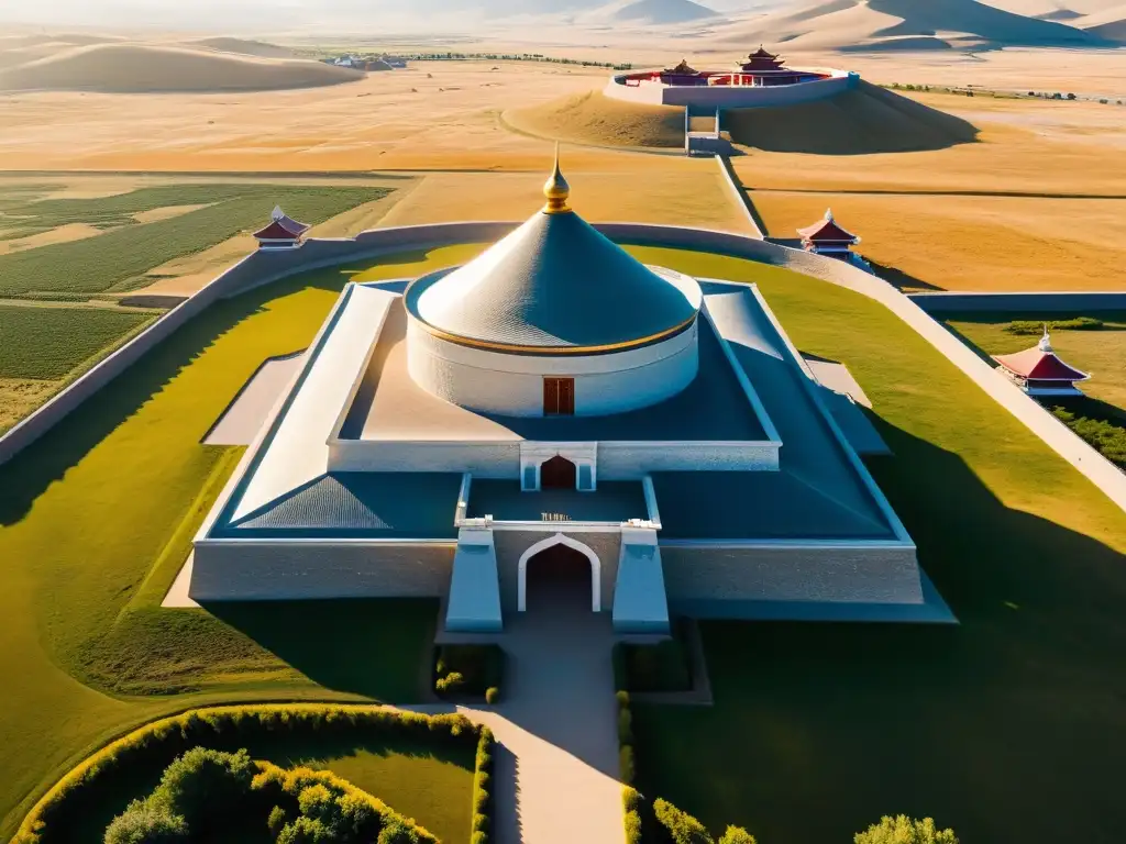 Vista aérea impresionante del Mausoleo de Genghis Khan en Mongolia Interior, destacando su grandiosidad en el vasto paisaje mongol