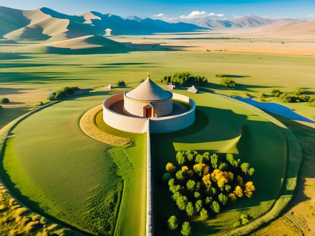 Vista aérea impresionante del Mausoleo de Genghis Khan en Mongolia Interior, fusionando herencia antigua y reverencia contemporánea