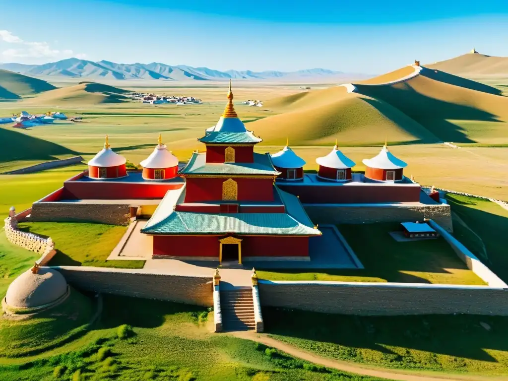 Vista aérea impresionante del Monasterio Erdene Zuu en Mongolia, resaltando los detalles arquitectónicos y la actividad en el sitio