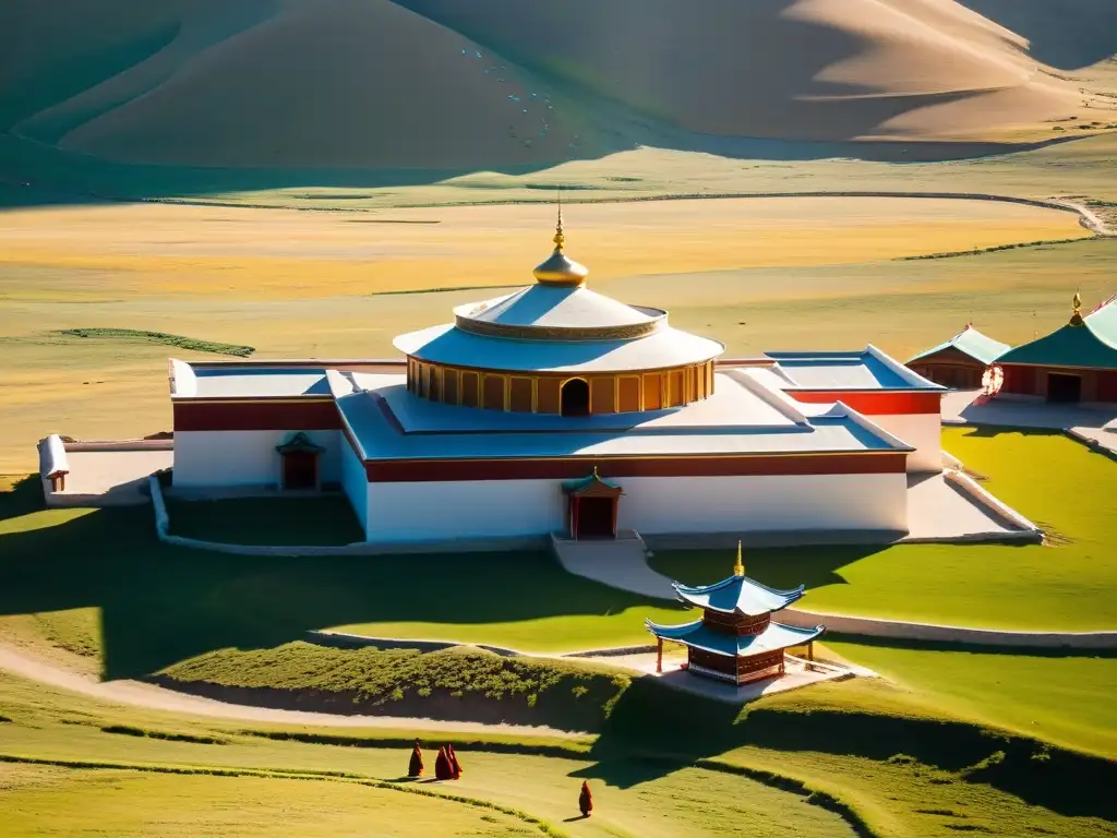 Vista aérea del impresionante Monasterio Baldan Bereeven en Mongolia, con detalles arquitectónicos y monjes en actividad