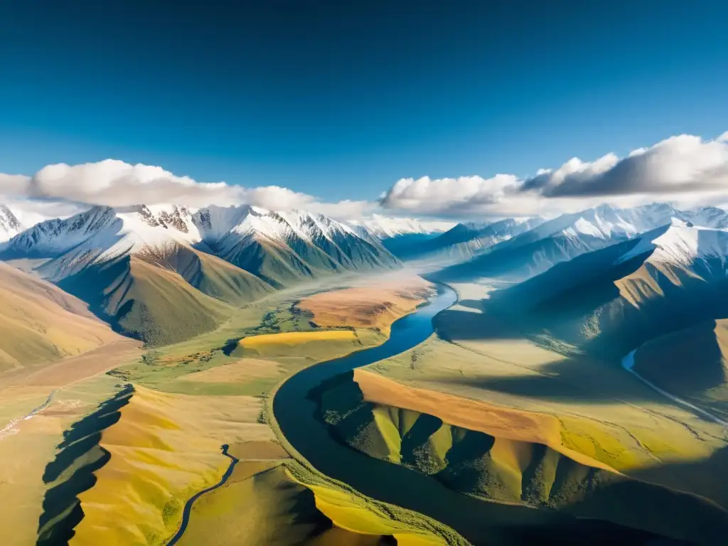 Vista aérea impresionante de las Montañas Altai en Mongolia, resaltando la importancia de las montañas Mongol en la cultura y ecología de la región