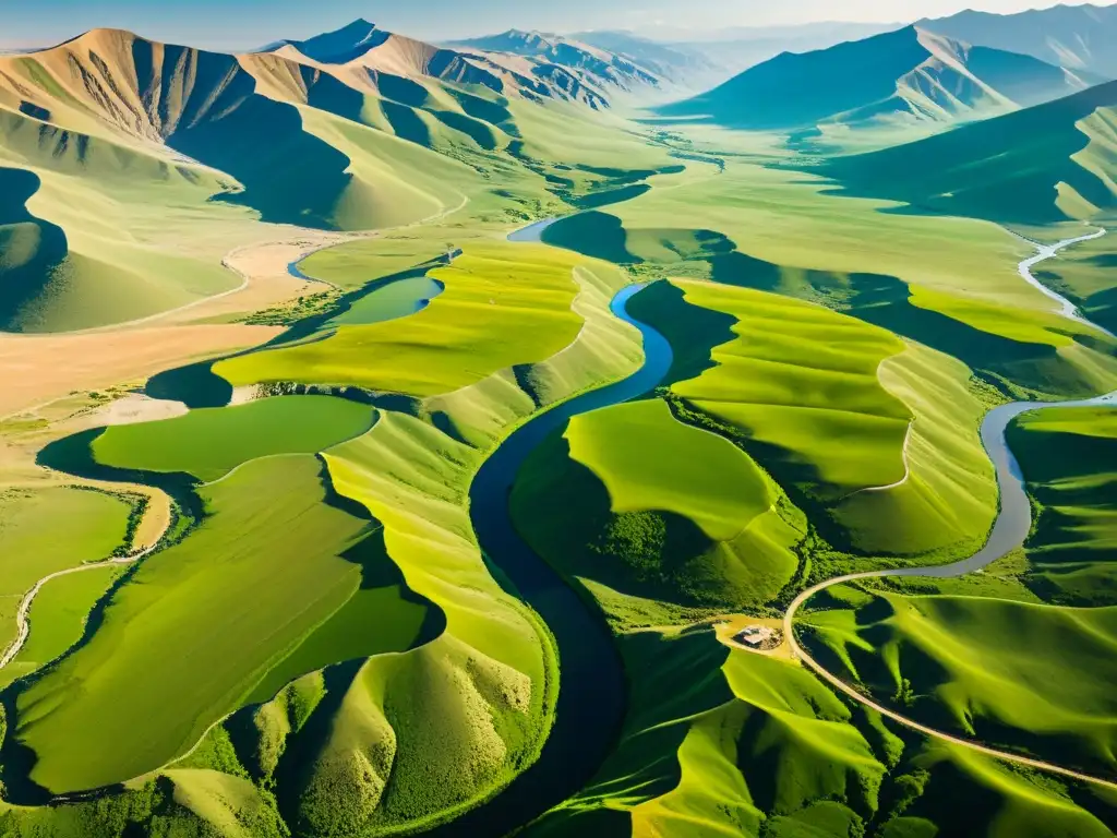 Vista aérea impresionante del paisaje mongol con colinas verdes, ríos y restos de antiguas minas