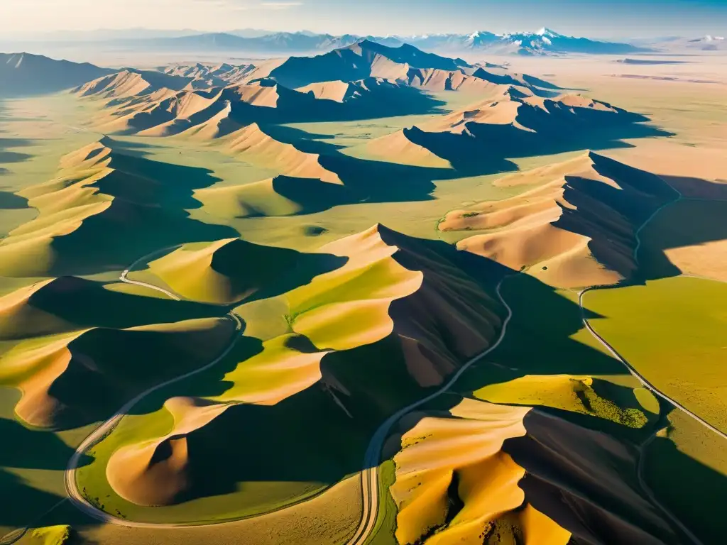 Vista aérea impresionante del paisaje mongol, con colores vibrantes y terreno agreste