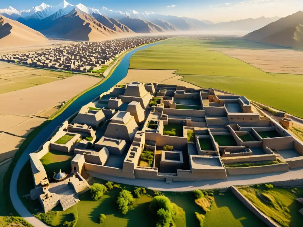 Vista aérea impresionante de las ruinas de la antigua ciudad de Karakorum, capital del Imperio Mongol, en medio de extensas praderas