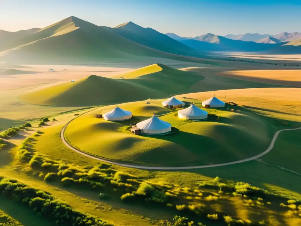 Vista aérea impresionante de la estepa mongola con yurtas tradicionales y pastores nómadas