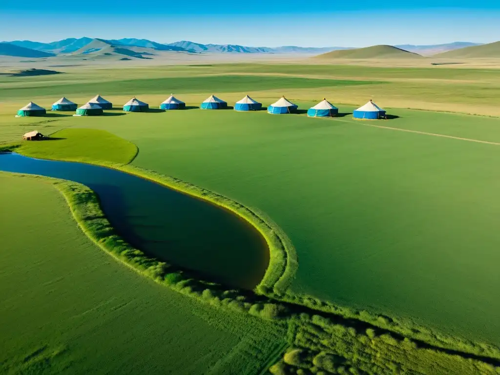 Vista aérea impresionante de la vasta estepa mongol con colinas verdes y cielos azules