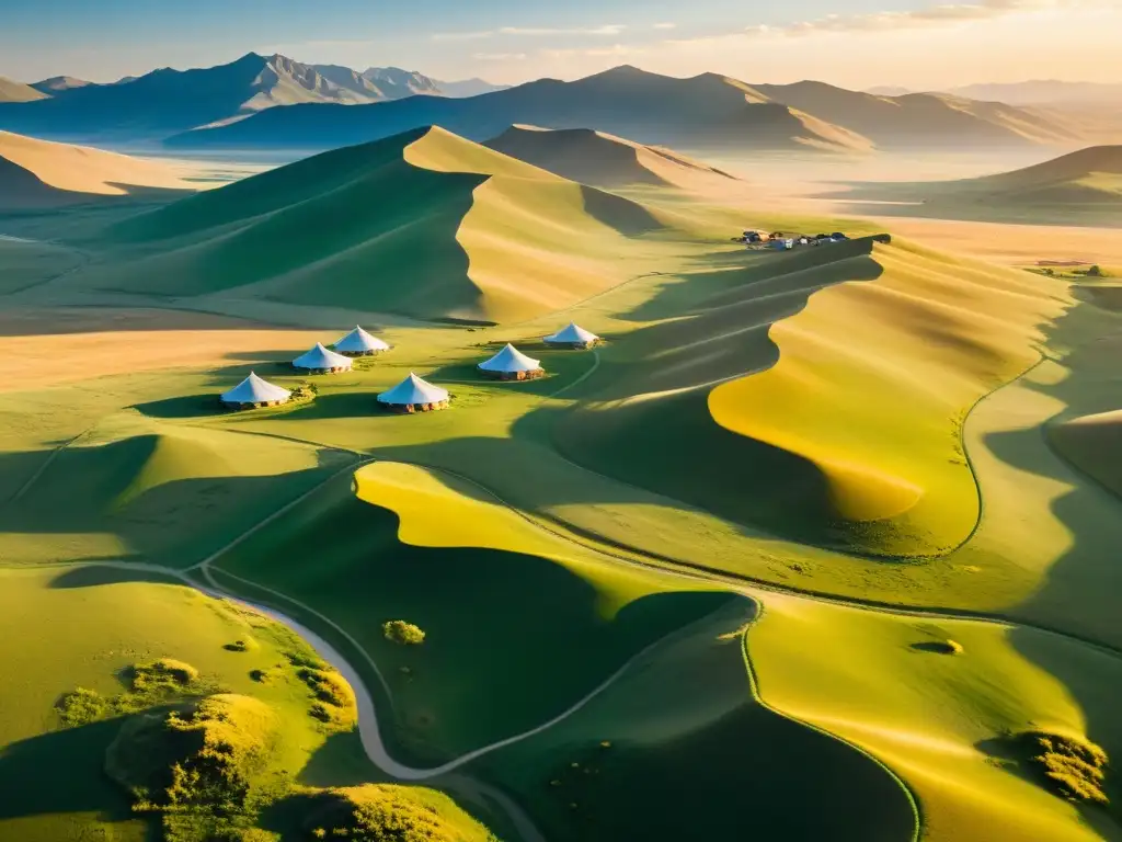 Vista aérea impresionante de la vasta estepa mongol, con colinas ondulantes y yurtas nómadas dispersas