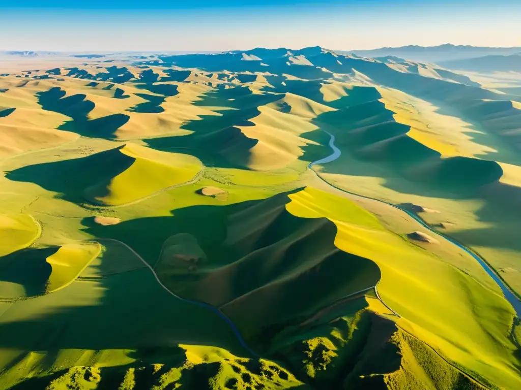 Vista aérea impresionante de la vasta y antigua Mongolia, con su terreno agreste y praderas