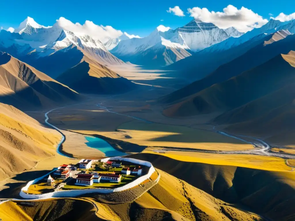 Vista aérea impresionante del vasto y agreste Tíbet, con montañas nevadas y un monasterio tibetano en un acantilado