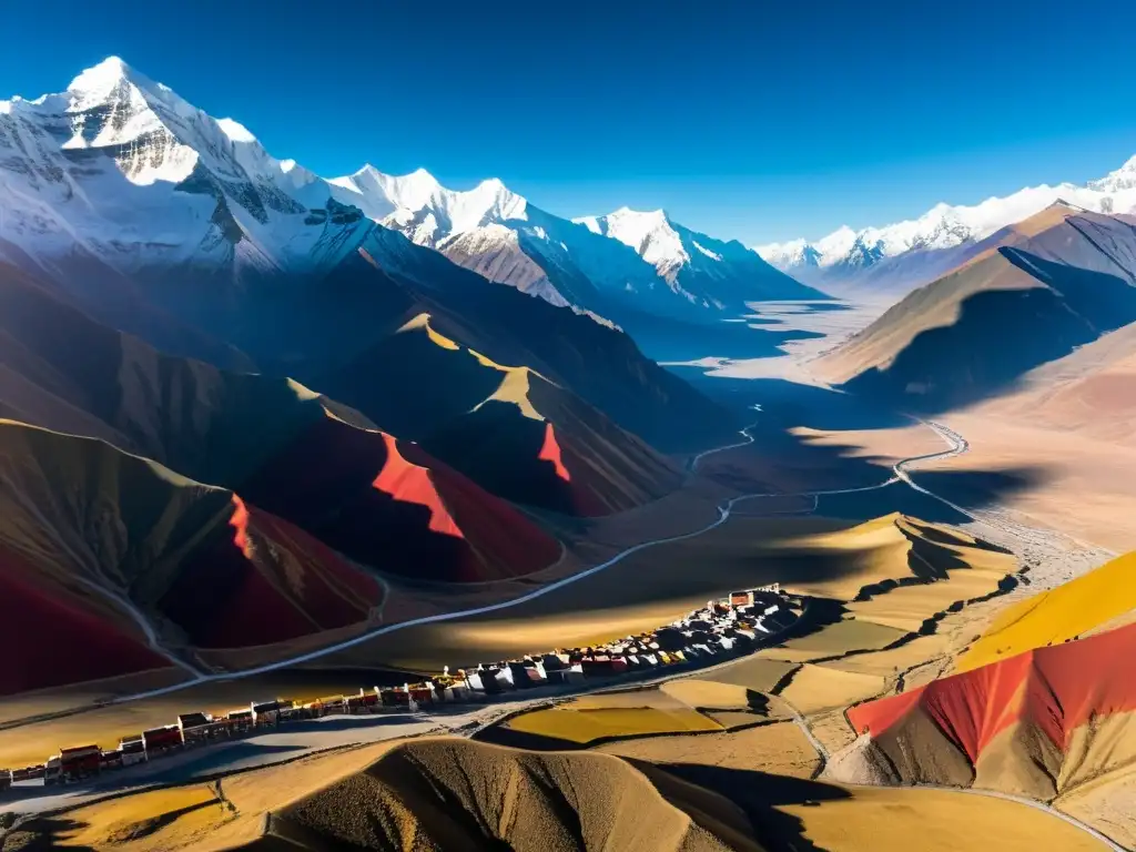 Vista aérea impresionante del vasto y escarpado altiplano tibetano con picos nevados y valles profundos