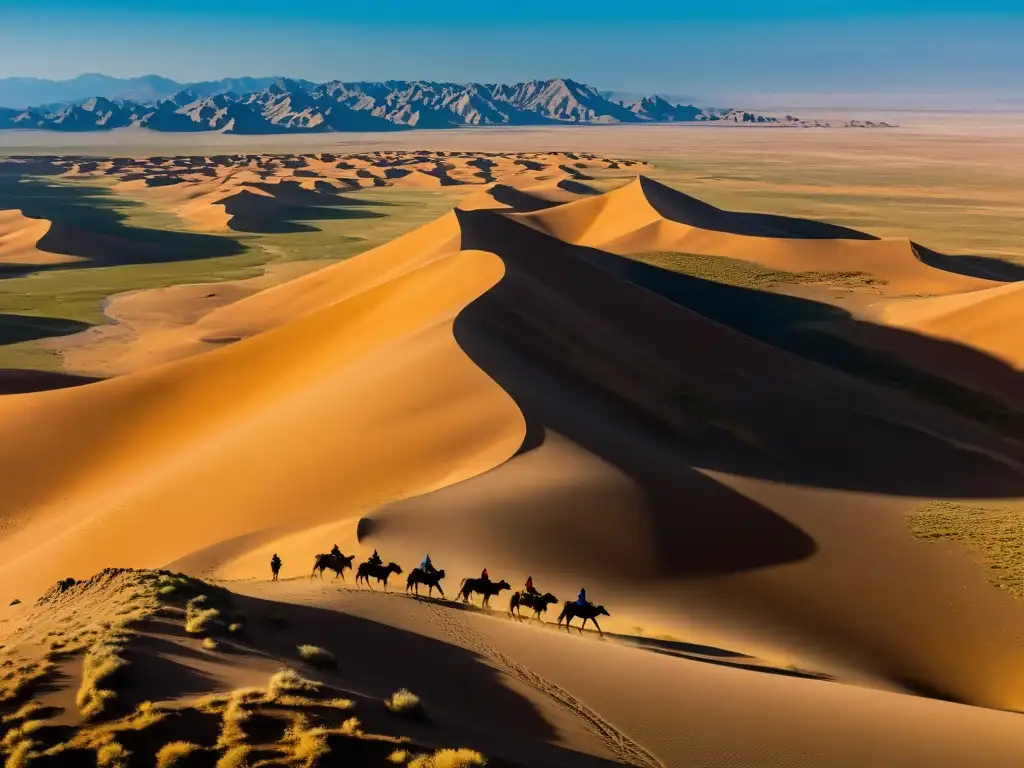 Vista aérea impresionante del vasto y desolado Desierto de Gobi, con dunas de arena, rocas y vegetación escasa