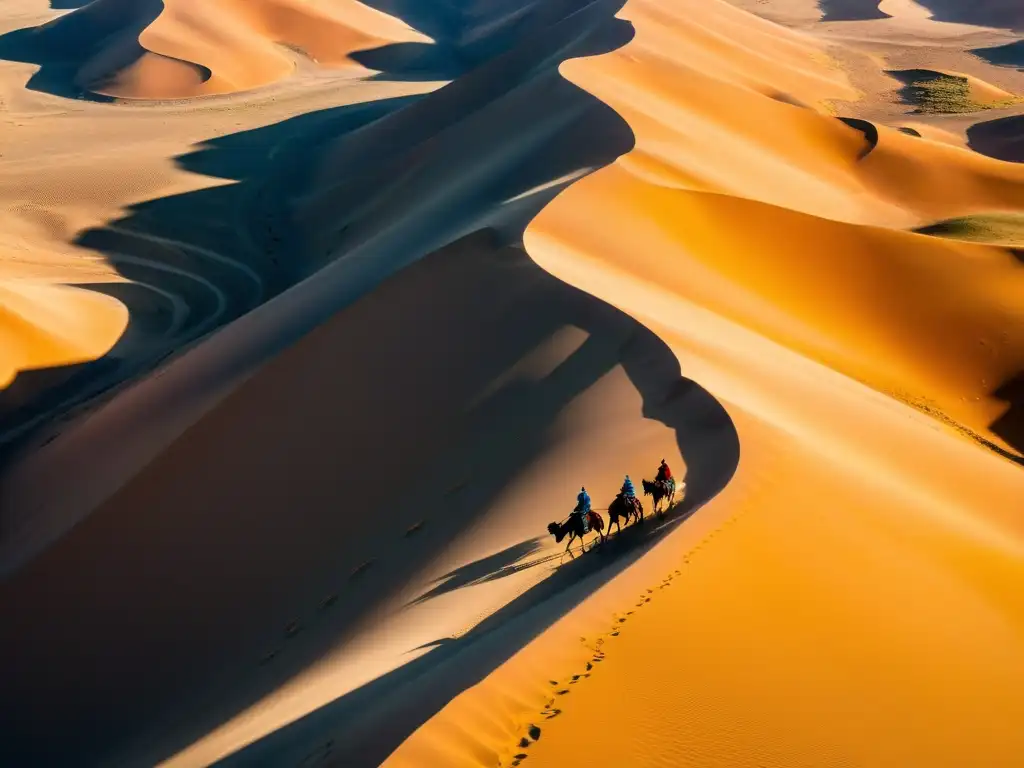 Vista aérea impresionante del vasto Desierto de Gobi, con dunas de arena ondulantes que se extienden hasta el horizonte