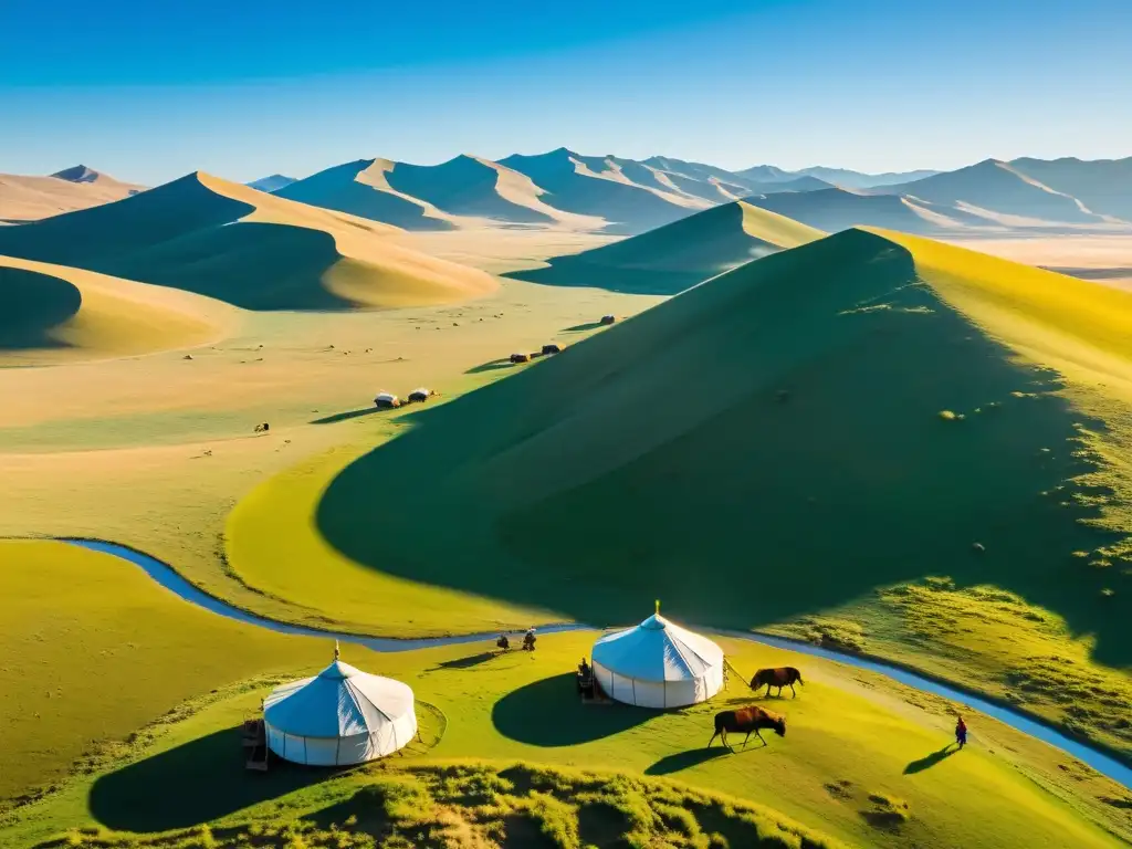 Vista aérea impresionante de la estepa mongol con yurtas dispersas, pastores nómadas y un cielo azul claro