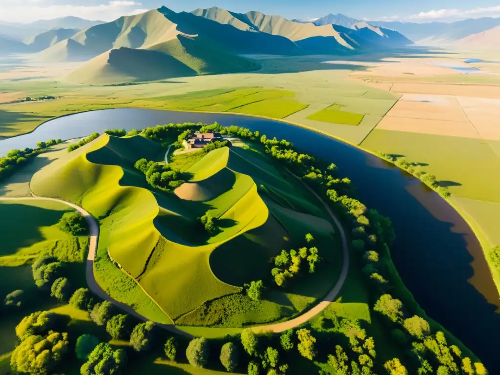 Vista aérea de las impresionantes fortificaciones mongolas redescubiertas, destacando su diseño defensivo y la belleza natural del paisaje