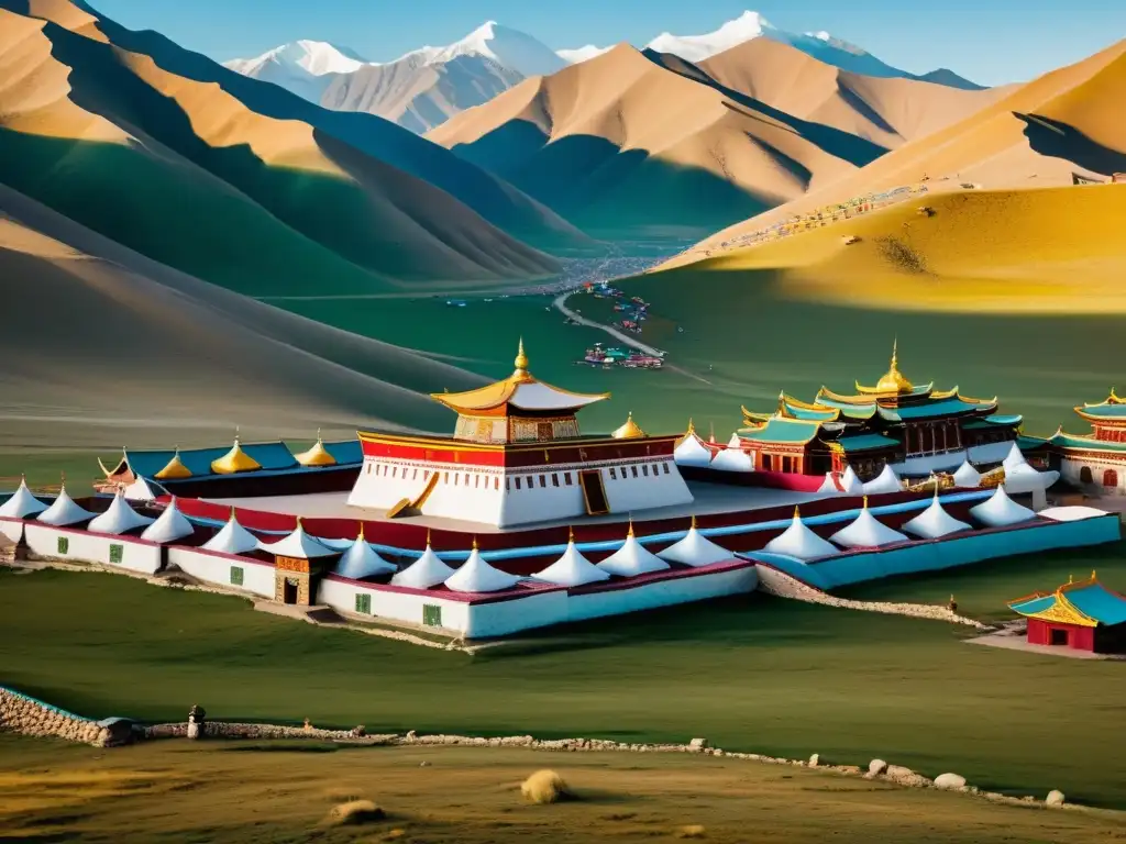 Vista aérea de la influencia arquitectónica mongola en el paisaje tibetano con monasterio y banderas de oración