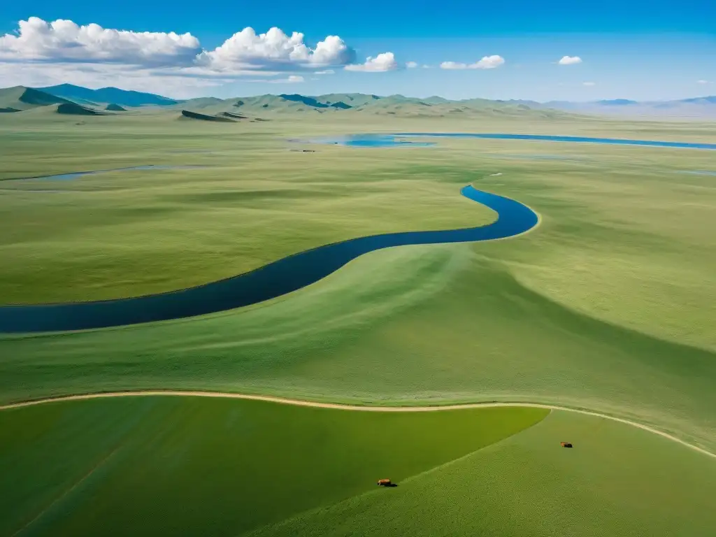 Vista aérea de la inmensa estepa mongola con colinas y cielos azules, reflejando la fragmentación del poder en Imperio Mongol