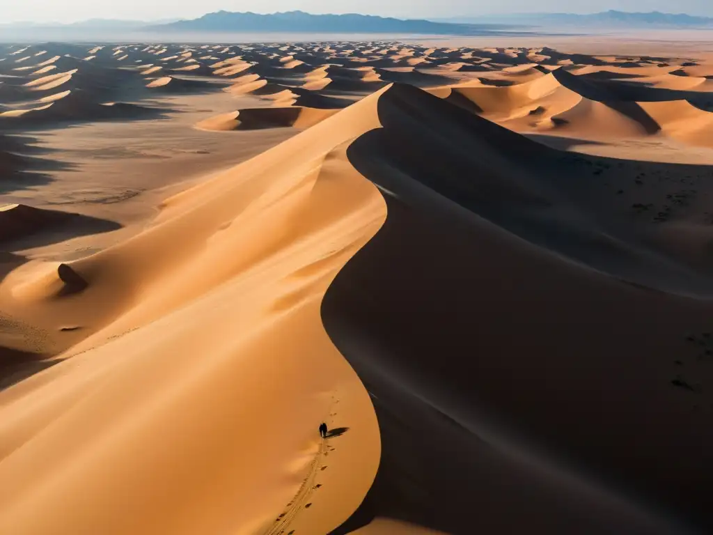 Vista aérea del inmenso y desolado Desierto de Gobi, con dunas de arena que se extienden hasta el horizonte