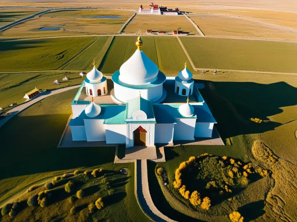 Vista aérea de la majestuosa Erdene Zuu Monastery en Kharkhorin, Mongolia, ilustrando la expansión del budismo en Mongolia con detalles arquitectónicos, peregrinos y monjes