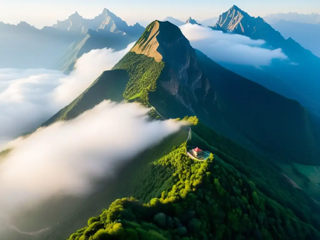 Vista aérea de la majestuosa Montaña Sagrada de Genghis Khan, envuelta en niebla y exuberante vegetación, evocando misterio y reverencia