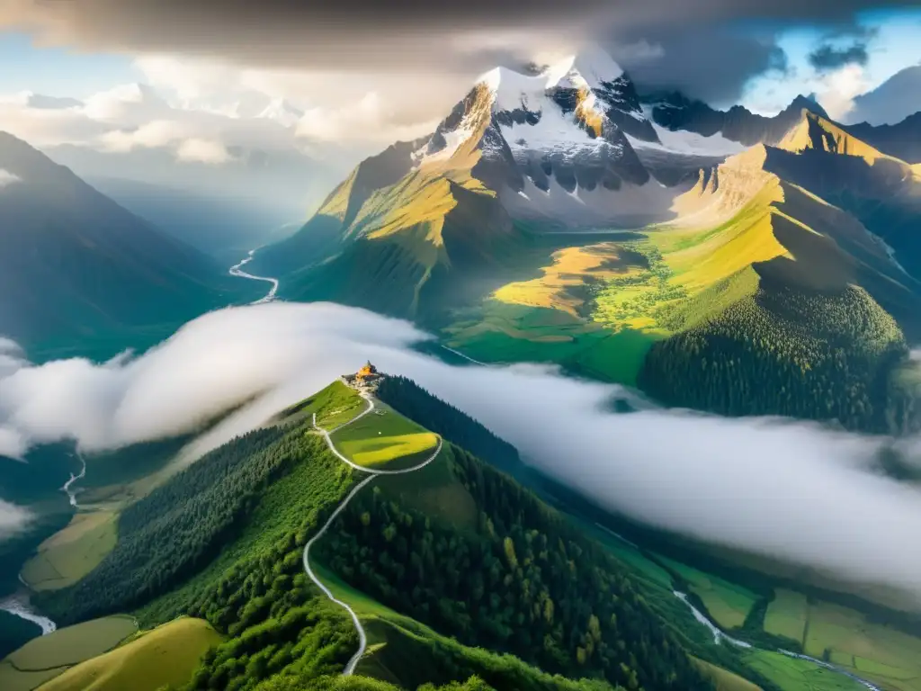 Vista aérea de la majestuosa Montaña Sagrada de Genghis Khan, con picos nevados, valles verdes y ríos sinuosos, envuelta en misterio y reverencia