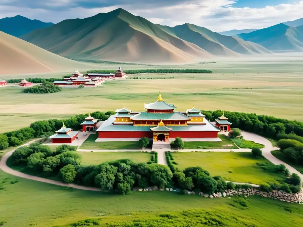 Vista aérea del majestuoso Monasterio Erdene Zuu en Mongolia, entre exuberante naturaleza y montañas