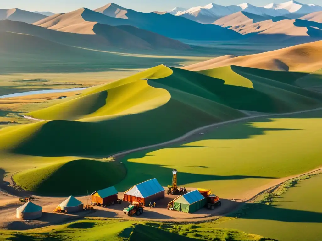 Vista aérea de la minería sostenible en el Imperio Mongol, con mineros trabajando en armonía con la naturaleza al atardecer