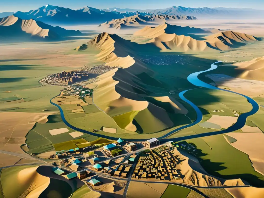 Vista aérea de la Administración mongola en Medio Oriente, con ciudades bulliciosas, caravanas y paisajes diversos