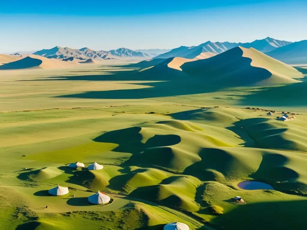 Vista aérea de la estepa mongola, con yurtas nómadas y ganado pastando en vastas praderas, montañas al fondo