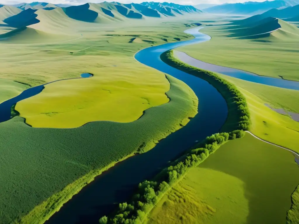 Vista aérea de paisaje mongol: praderas, montañas y ríos