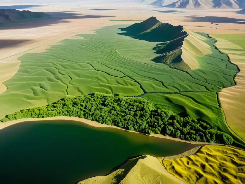 Vista aérea de paisaje mongol revelando estructuras ocultas LiDAR y ruinas enterradas bajo terreno montañoso