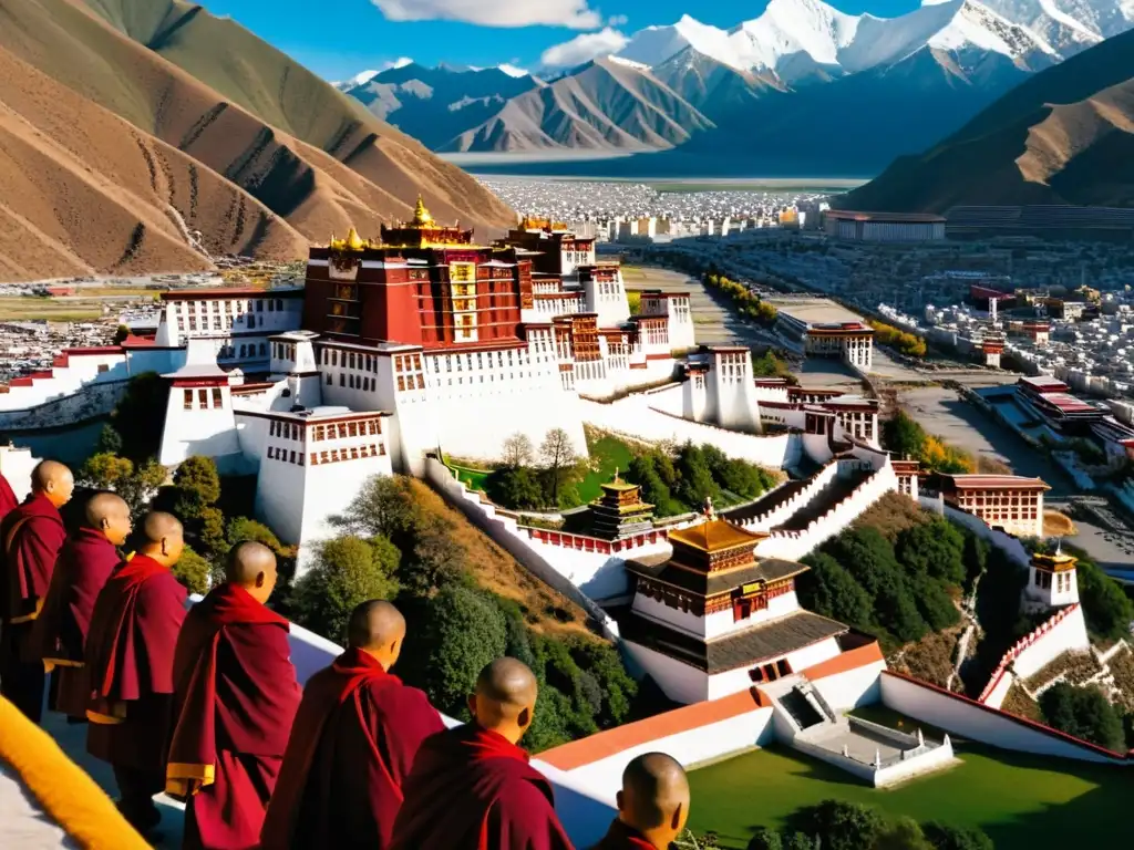 Vista aérea del Palacio Potala en Lhasa, Tibet, con los Himalayas nevados de fondo y monjes tibetanos en sus alrededores