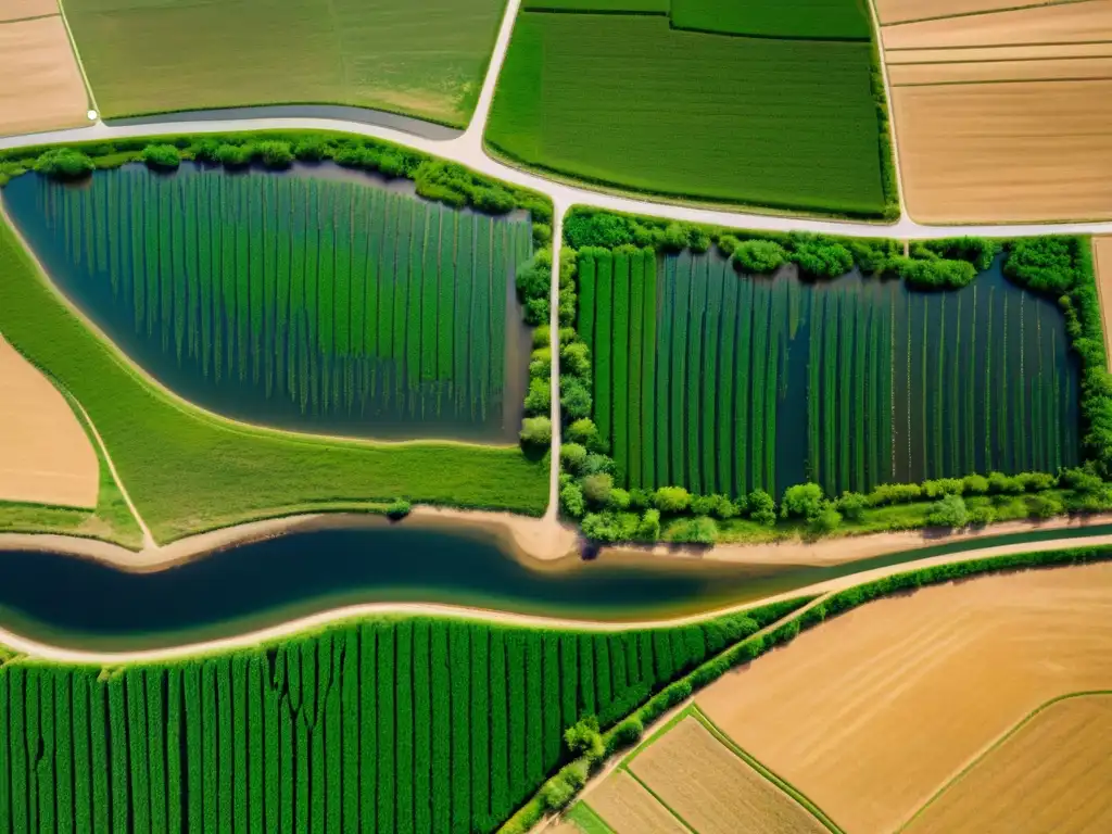 Vista aérea de la red de gestión del agua en Mongol, con canales de riego tradicionales y campos agrícolas modernos