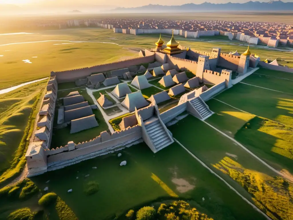 Vista aérea de ruinas de Sarai Batu, capital de la Horda de Oro en Rusia, evocando el legado del Imperio Mongol en Europa al atardecer